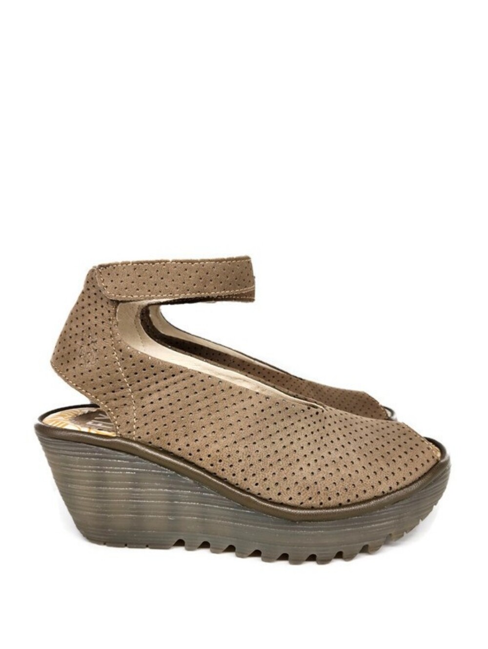 Fly London Yala Taupe Perforated Leather Ankle Strap Peep-Toe Wedge Heel Sandals - Picture 5 of 15